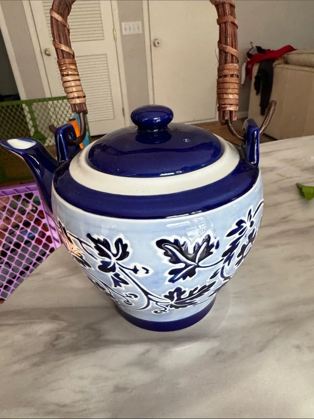 Hand-Painted Blue & White Ceramic Teapot with Woven Handle